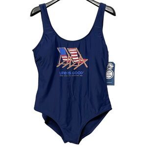 NWT LIFE IS GOOD Navy & Red 'Life Is Good' Deck Chair One Piece Swimsuit…